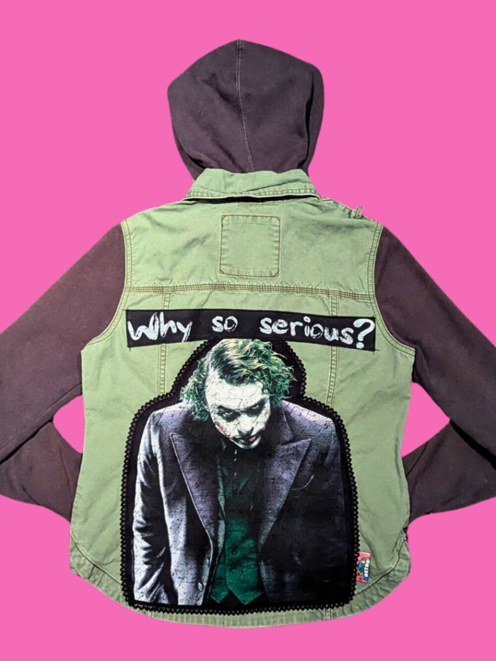 The Dark Knight, Heath Ledger Upcycled T-Shirt Denim Jacket with Hoodie Size S